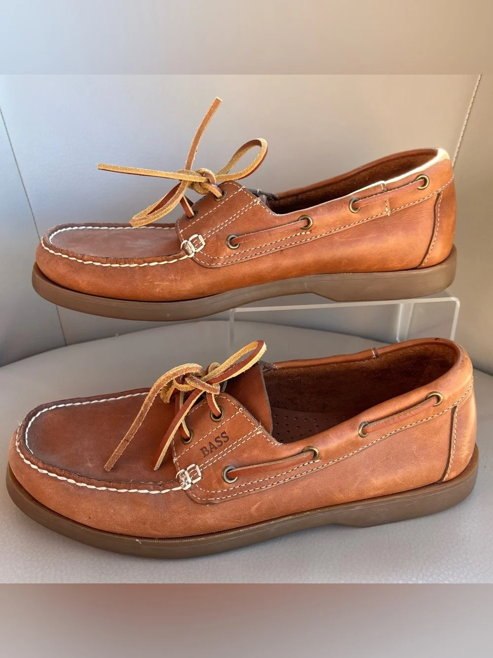 Bass Seafarer Brown Leather Boat Shoes Moc Toe Casual Loafers‎ 2-Eye Lace Up 9M